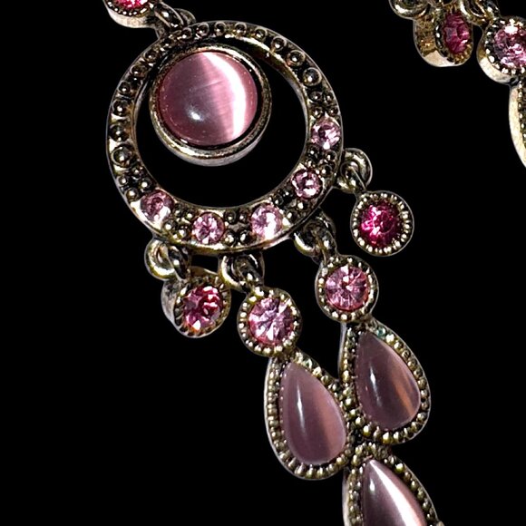 Pierced Earrings Dangling Chandelier Gold Tone Pink Stone - Picture 5 of 6